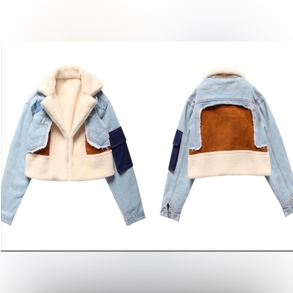 DENIM SHEARLING CROP JACKET. Multiple Colors. - Picture 6 of 7